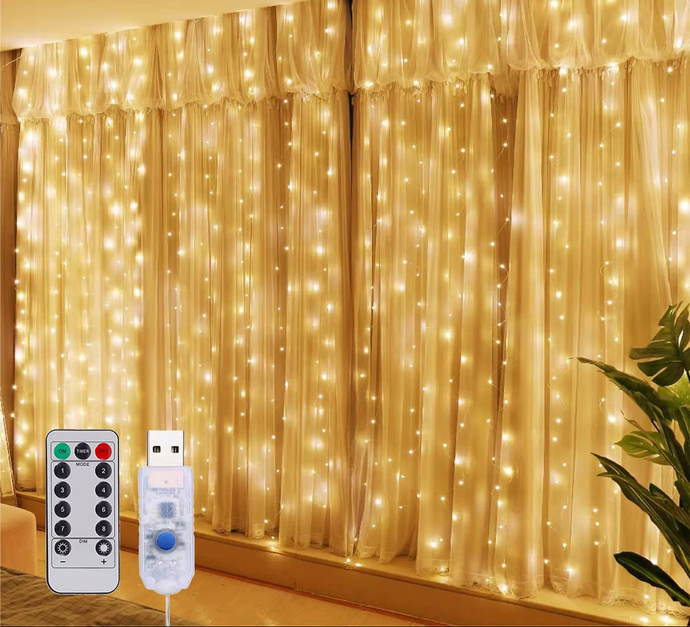 3Mx3M 300LED USB Curtain Light Warm White for Bedroom Remote 8 Modes Hanging Window Fairy Lights for Home Decoration