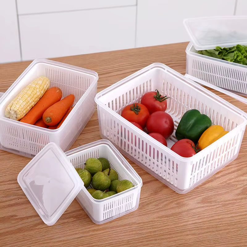 Refrigerator Organizer Fridge Storage Box Fresh Vegetable Fruit Boxes Drain Basket Storage Containers Pantry Kitchen Organizer