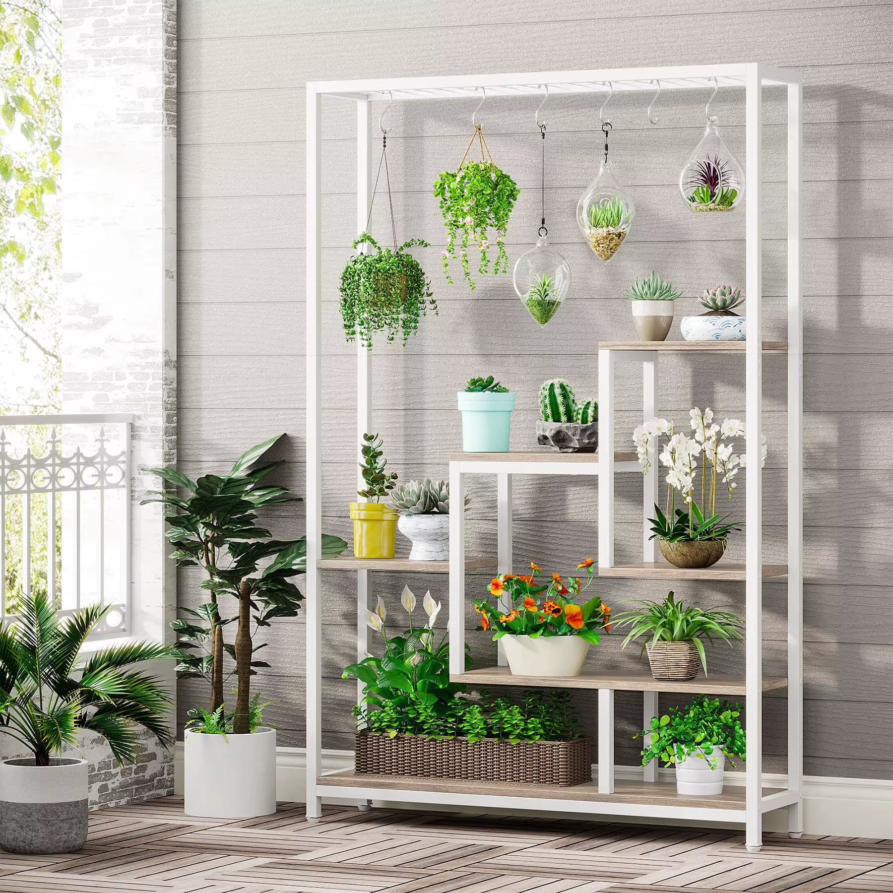 Tribesigns Plant Stand 5 Tier, 180 Cm Tall Plant Stand Indoor, Metal Flower Shelf with 10 PC S Hanging Hooks, Flower Stand