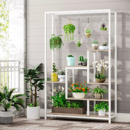 Tribesigns Plant Stand 5 Tier, 180 Cm Tall Plant Stand Indoor, Metal Flower Shelf with 10 PC S Hanging Hooks, Flower Stand