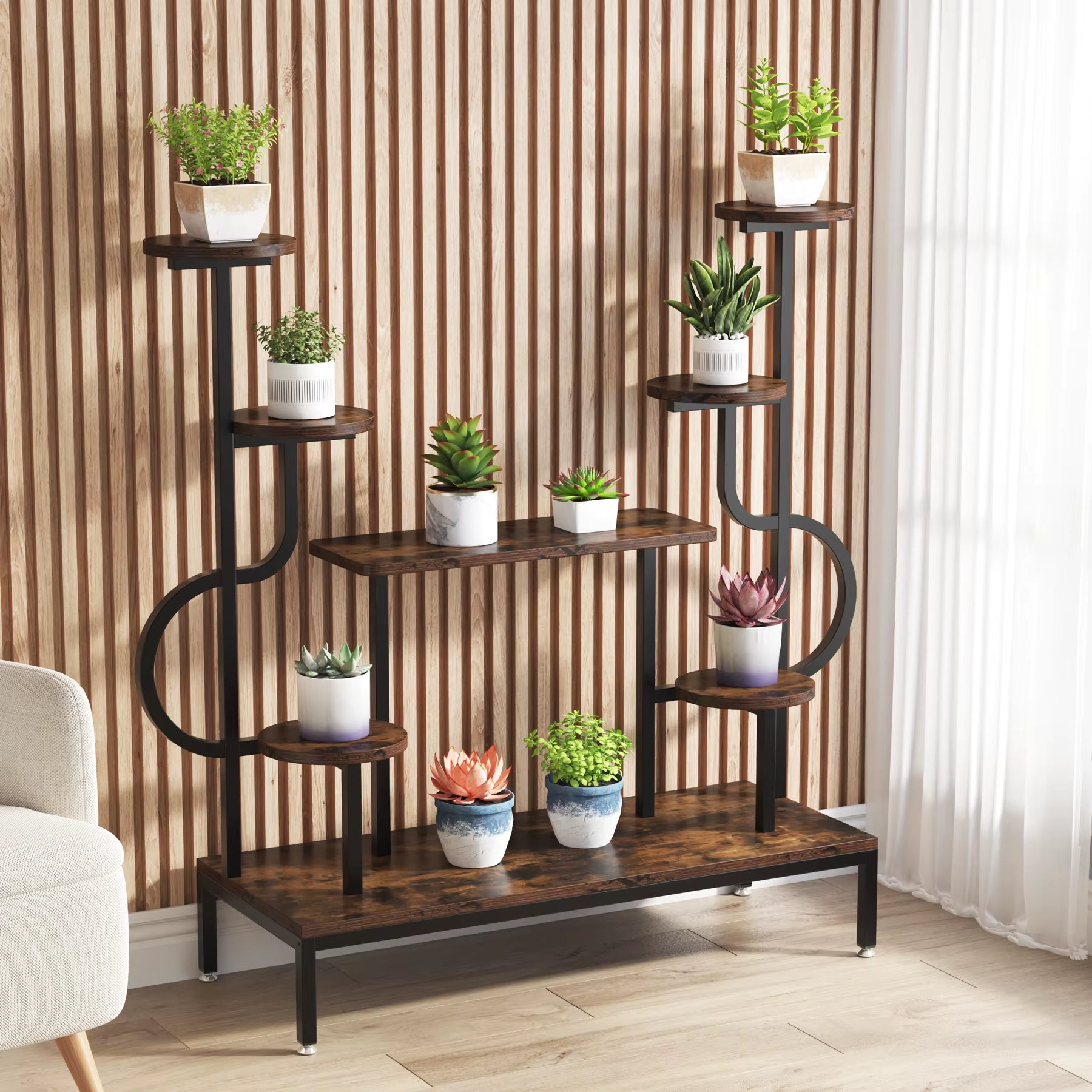 8-Tier Metal Plant Stand, Large Tall Plant Shelf for Multiple Plants, round & Square Boards, Ladder Flower Rack