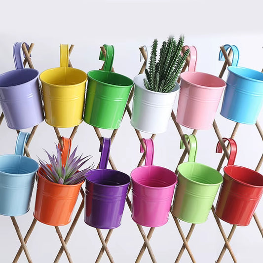 1Pcs Wall Hanging Flower Pots Metal Flower Pots with Handle Iron Garden Balcony Vertical Bucket Holder Home Decor Garden Pots