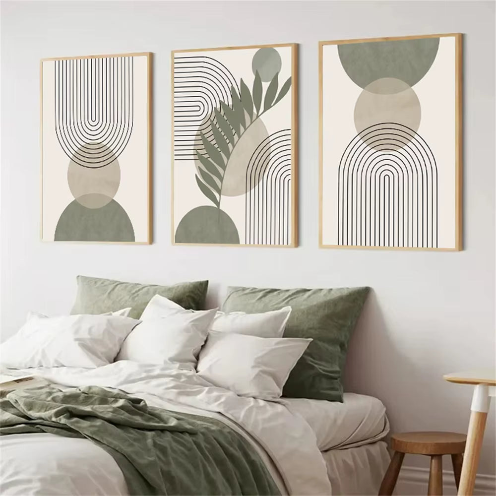 Abstract Boho Geometric Wall Art Canvas Painting Nordic Sage Green Botanical Posters and Prints Pictures Living Room Home Decor