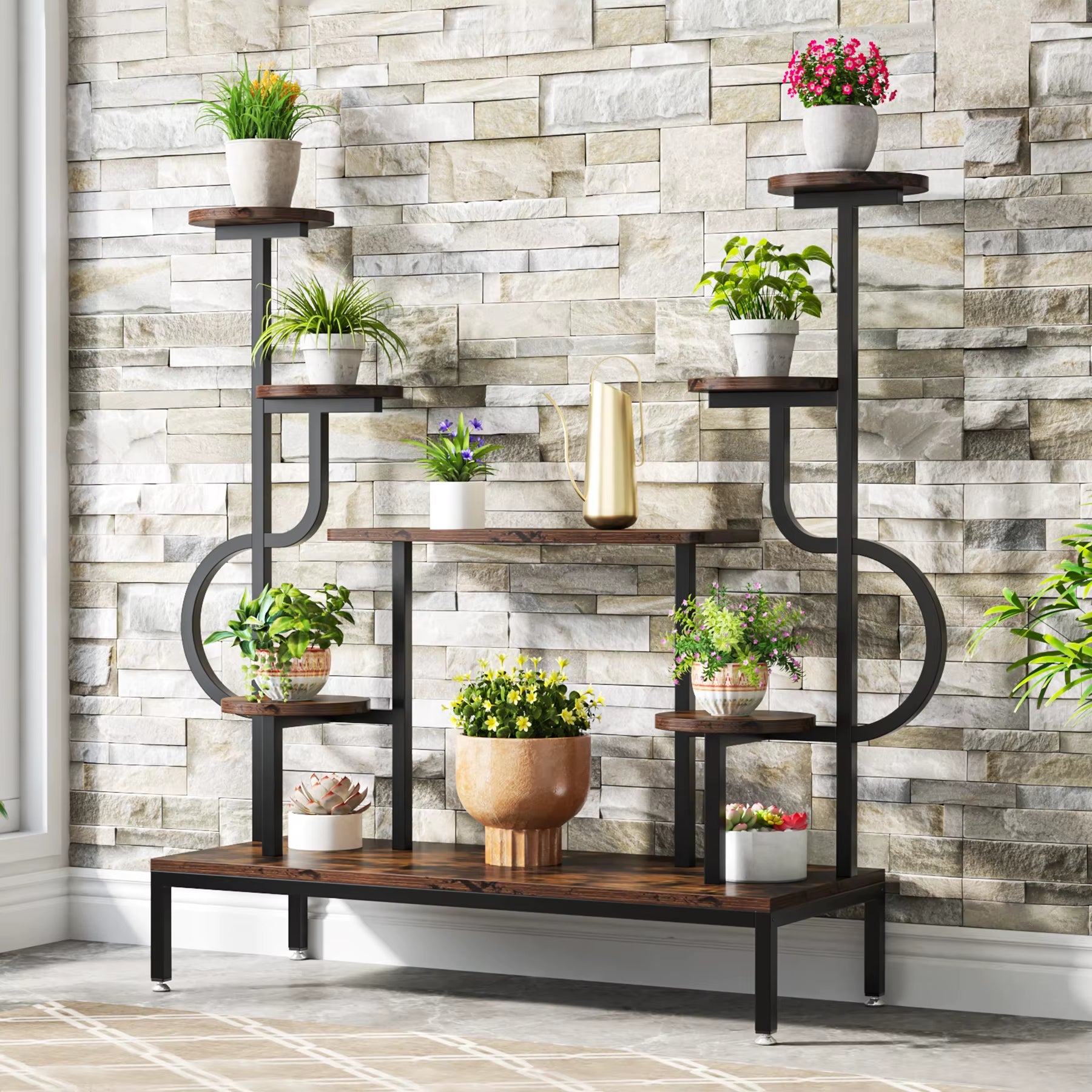8-Tier Metal Plant Stand, Large Tall Plant Shelf for Multiple Plants, round & Square Boards, Ladder Flower Rack