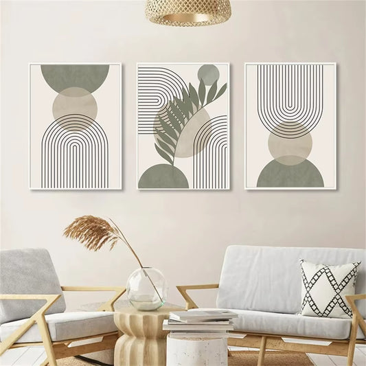 Abstract Boho Geometric Wall Art Canvas Painting Nordic Sage Green Botanical Posters and Prints Pictures Living Room Home Decor